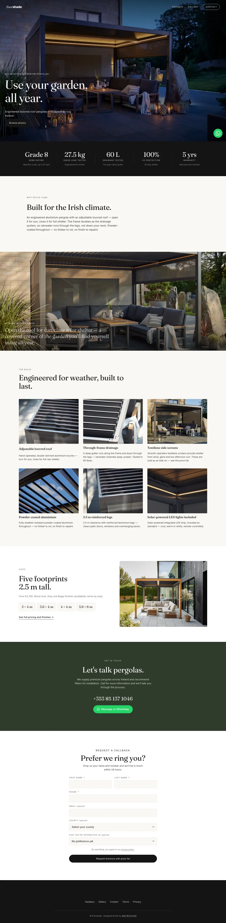 The EverShade website, full page